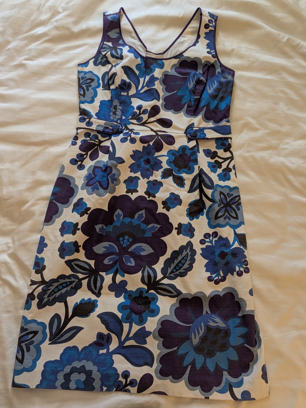Boden Sleeveless Floral Sheath Dress in Blue and Purple. Size 8